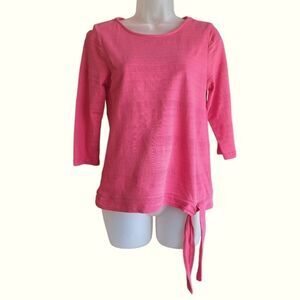 Talbots Blouse Pink Textured 3/4 Sleeve Waist Tie Crew Small P Womens